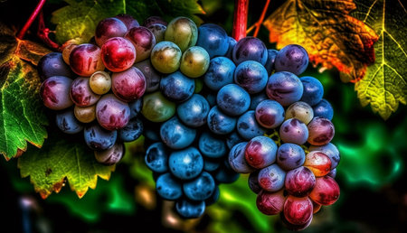 Close-up of colorful grapes on a vine during autumn harvest. Rich colors and vibrant details.の写真素材