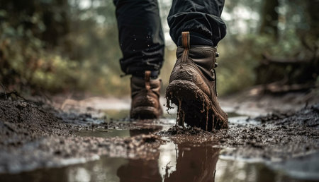 Close-up view of muddy hiking boots traversing a muddy forest path.