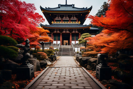 A serene Japanese temple surrounded by vibrant autumn foliage. A peaceful path leads to the entrance.の写真素材