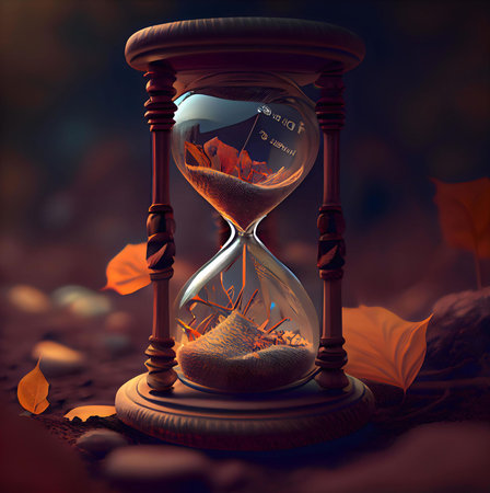 An hourglass filled with autumn leaves sits on the ground, symbolizing the passage of time and the...