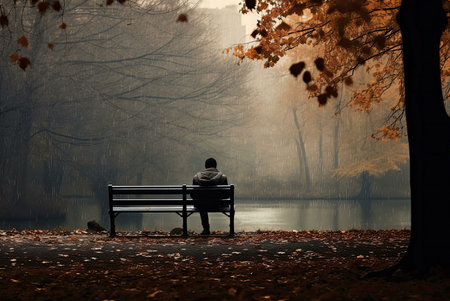 A lone figure sits on a bench by a lake, lost in thought amidst the gentle autumn rain. The scene evokes a feeling of quiet contemplation and solitude.の写真素材