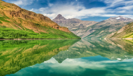 Stunning mountain lake with perfect reflection. Peaceful nature scene.