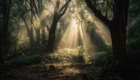 Sunbeams pierce through a dense forest, creating a magical and serene atmosphere. The path ahead is...