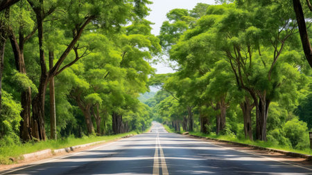 A picturesque road lined with lush green trees creates a serene and peaceful atmosphere.の写真素材