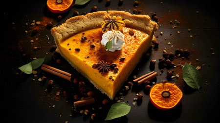 A tempting slice of spiced pumpkin pie, garnished with whipped cream and autumn spices. Enjoy this seasonal treat!の写真素材