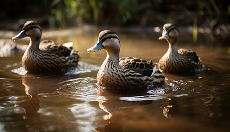 Three mallard ducks gracefully swim across a tranquil pond. Their reflections create a calming atmosphere.の写真素材