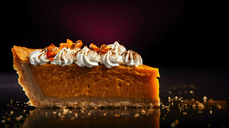 Close-up of a slice of pumpkin pie topped with whipped cream and cinnamon. Perfect for Thanksgiving...