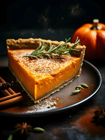 A slice of warm pumpkin pie, garnished with rosemary, sits on a dark plate. Cinnamon sticks and star anise add to the autumnal ambiance.の写真素材
