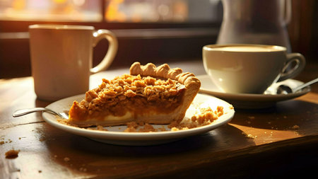 A warm slice of apple crumble pie sits on a plate next to a cup of coffee, bathed in golden sunlight.の写真素材