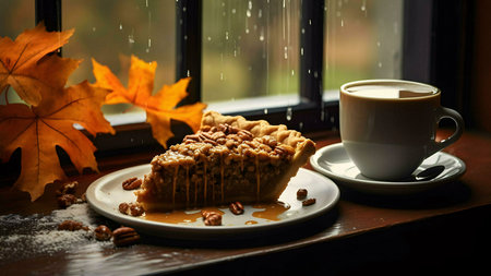 A slice of pecan pie with coffee enjoyed on a rainy autumn day.の写真素材