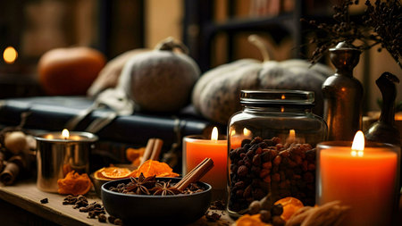 A warm autumn scene featuring pumpkins, candles, and aromatic spices. Perfect for seasonal decoration and a cozy atmosphere.の写真素材