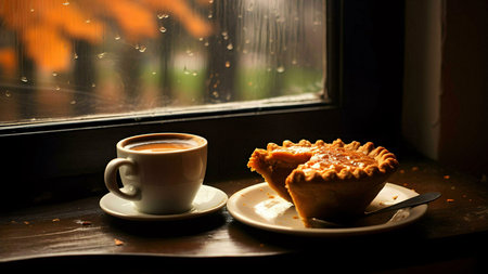 A warm cup of coffee and a slice of pie enjoyed by a rainy window on an autumn day. Cozy and comforting.の写真素材