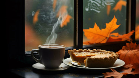 A steaming cup of tea and a slice of pumpkin pie on a windowsill. Autumn leaves are visible outside.の写真素材