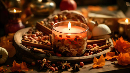 A lit candle surrounded by autumnal spices and leaves creates a warm and inviting Thanksgiving scene.の写真素材
