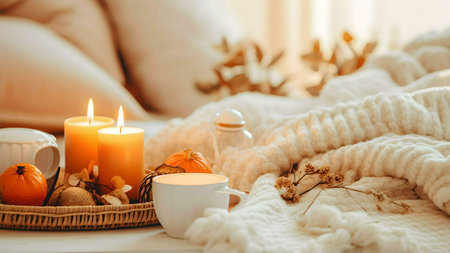 A warm and inviting autumn scene featuring lit candles, pumpkins, a cozy knit blanket, and a cup of tea.の写真素材