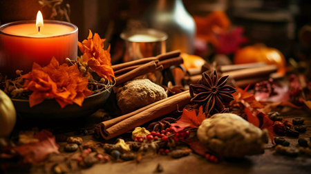 A warm, inviting autumn scene with a lit candle, cinnamon sticks, star anise, and fall leaves.の写真素材