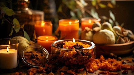 A captivating autumn scene featuring lit candles, fragrant spices, and ripe pears, creating a warm and inviting atmosphere.の写真素材