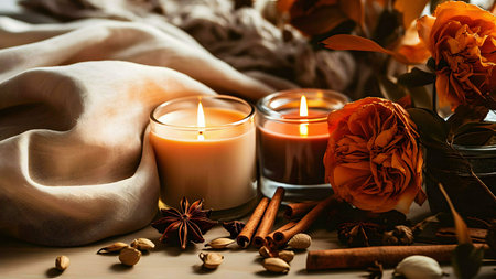 Two burning candles, surrounded by autumnal roses, cinnamon sticks, and star anise. A cozy and aromatic scene.の写真素材