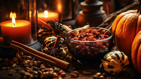 A captivating autumnal still life featuring pumpkins, candles, and aromatic spices, creating a warm and inviting atmosphere.の写真素材