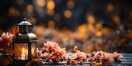 A lit lantern rests among autumnal chrysanthemums, creating a serene and peaceful scene. The warm...