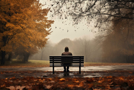 A man sits alone on a park bench, surrounded by autumn leaves and trees. The atmosphere is...