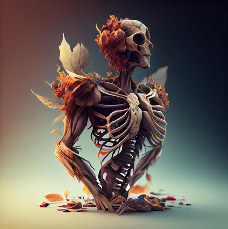 Surreal digital art of a skeleton intertwined with autumnal flowers and leaves, creating a unique...