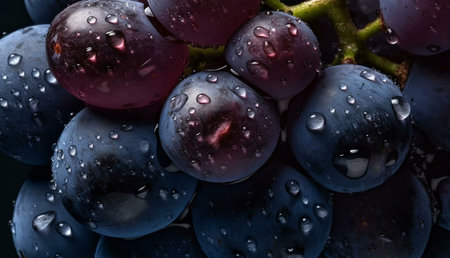 A stunning close-up of a bunch of dark grapes glistening with dew. Rich colors and textures are beautifully captured.の写真素材