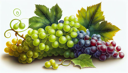 A painting of three types of grapes: green, red, and blue. The painting is a still life with lush green leaves.の写真素材