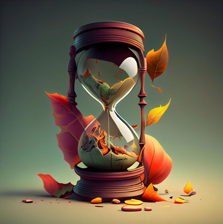 An hourglass filled with autumn leaves, symbolizing the passage of time and the beauty of fall.の写真素材