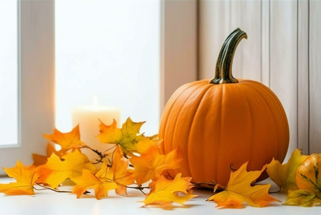 A vibrant autumn scene featuring a large pumpkin, autumn leaves, and a candle near a window. Warm...