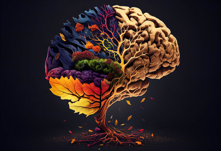 Artistic depiction of a brain as a tree showing the complexity of the mind and the interplay of nature and thought.の写真素材