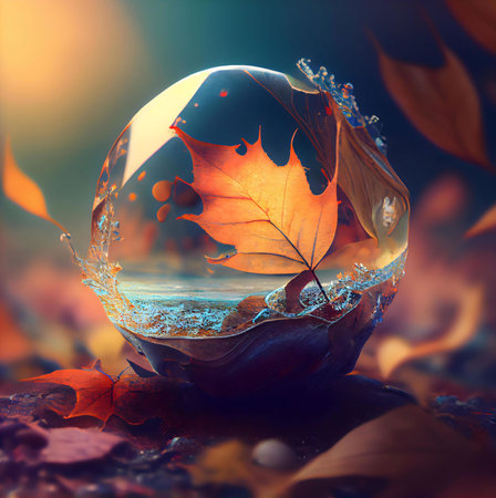 A single autumn leaf trapped inside a frozen water sphere, showcasing the beauty of nature's ephemeral moments. Autumnal colors and magical ambiance.の写真素材
