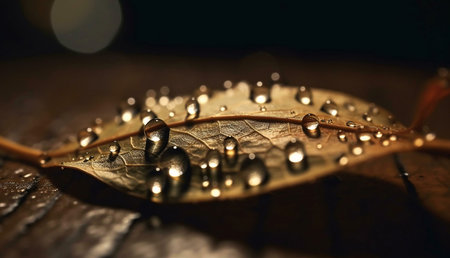 Close-up view of water droplets on a single autumn leaf, showing stunning detail and natural beauty.の写真素材