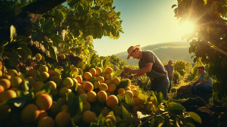 Three farmers harvest ripe oranges during a vibrant sunset. The golden hour light bathes the orchard in warmth.の写真素材