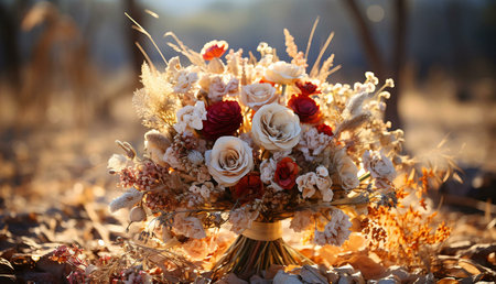 A stunning autumnal dried flower bouquet, with warm sunlight highlighting its beauty.の写真素材