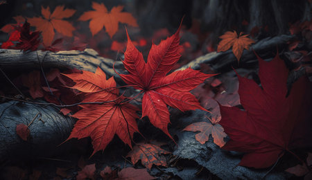 Close-up view of vibrant red maple leaves on a forest floor. Autumn colors and serene atmosphere.