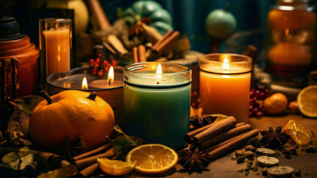 Scented candles illuminate a rustic autumnal scene, surrounded by cinnamon, star anise, and pumpkins. A warm and cozy atmosphere.の写真素材