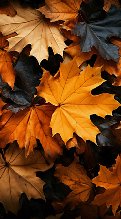 Close-up view of autumn leaves in shades of orange and dark brown, showing the beauty of nature's seasonal changes.の写真素材