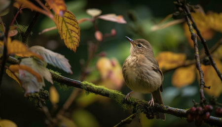 A small warbler perched on a moss-covered branch amidst autumn leaves. Beautiful autumn colors.