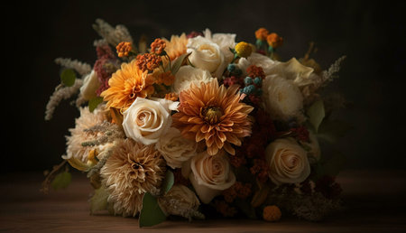 A stunning autumnal bouquet featuring roses, dahlias, and other seasonal blooms. Warm hues dominate,...