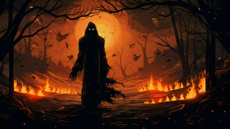 A hooded figure walks through a burning forest under an orange moon. Eerie and mysterious.