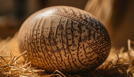 Close-up of a meticulously decorated ostrich egg showing intricately carvings and patterns.の写真素材