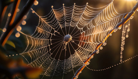A mesmerizing spiderweb glistening with morning dew, bathed in the warm light of sunrise. A breathtaking display of nature's artistry.の写真素材