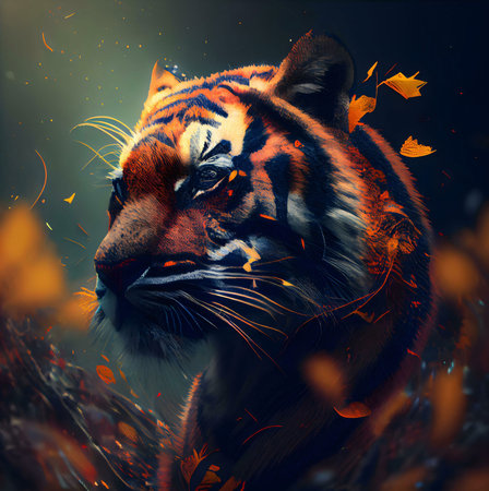 A stunning digital painting of a tiger amidst autumn leaves, showing its power and beauty.の写真素材