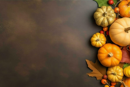 A beautiful autumnal arrangement featuring various sized pumpkins, fall leaves and berries against a...