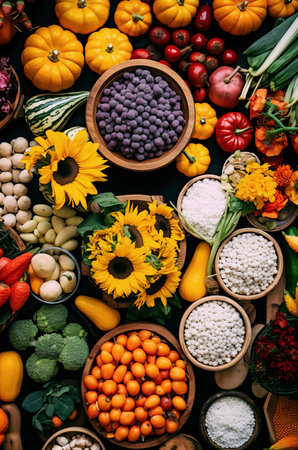 A captivating overhead shot showing a rich autumn harvest, featuring pumpkins, sunflowers, various...
