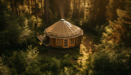 A charming wooden yurt nestled amidst a lush forest, bathed in the warm glow of sunlight. Peaceful and secluded.の写真素材