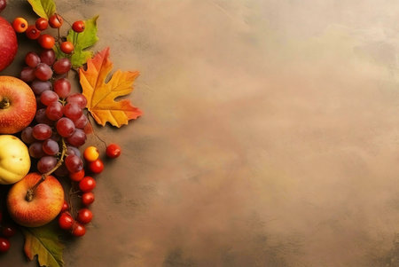 A vibrant autumn still life featuring ripe apples, juicy grapes, and colorful fall leaves. Perfect...