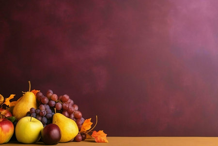 A vibrant still life showing an autumn harvest. Pears, grapes, and apples are arranged against a...