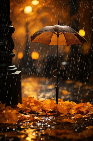 A single umbrella stands in the rain on an autumn night. Yellow leaves cover the ground.の写真素材